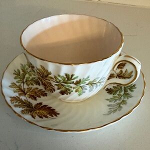 Leaf-Motif Bone China Teacup and Saucer - White with Green and Gold Trim